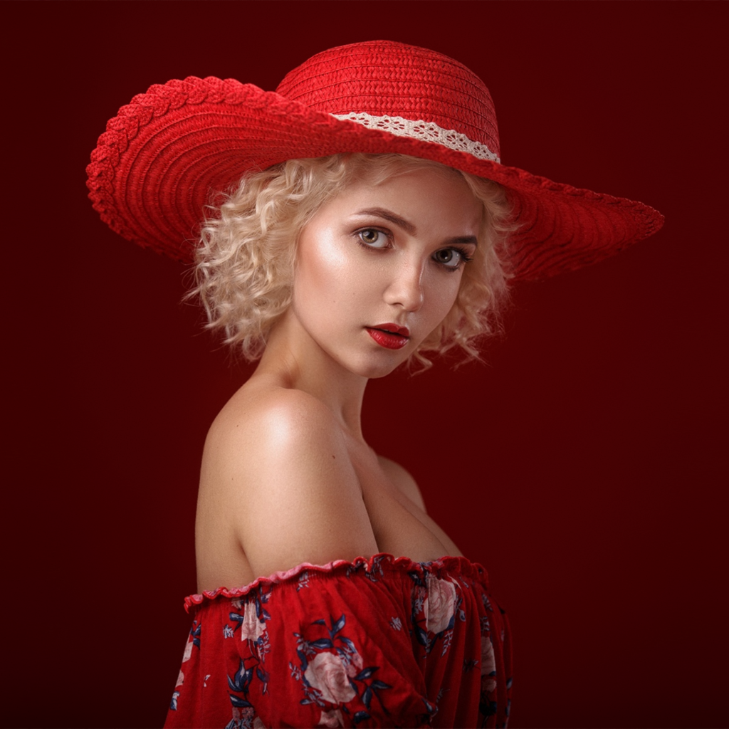 Блондинка в шляпе на красном фоне