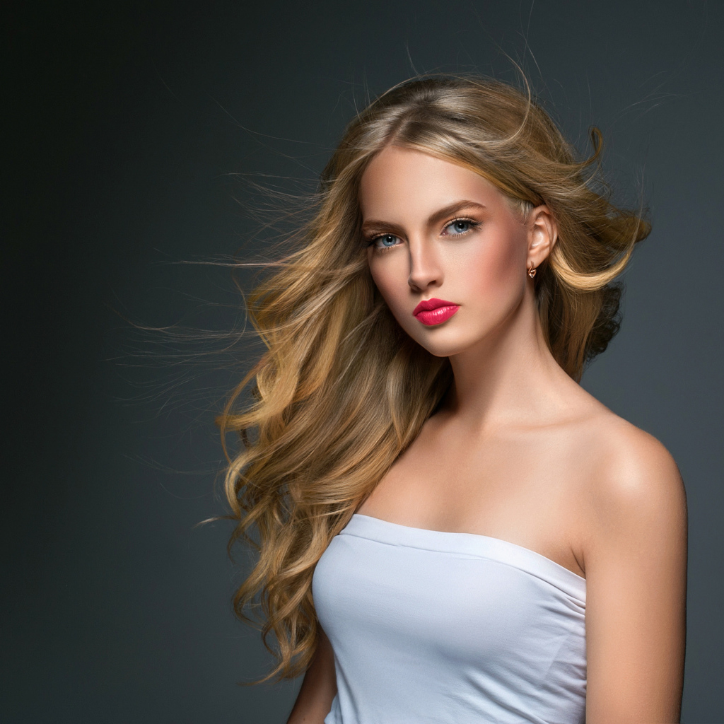 Молодая красивая голубоглазая блондинка на сером фоне