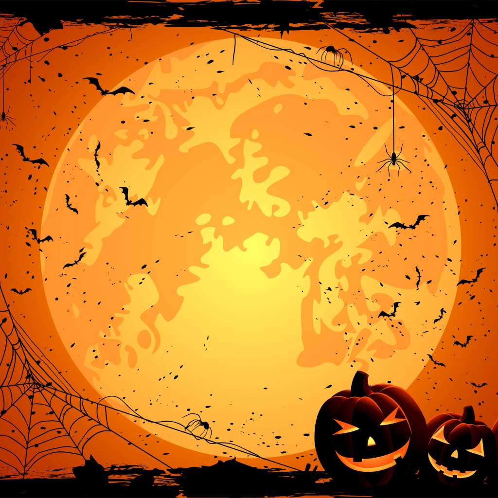 Большая желтая луна с паутиной и тыквами фон на Хэллоуин 