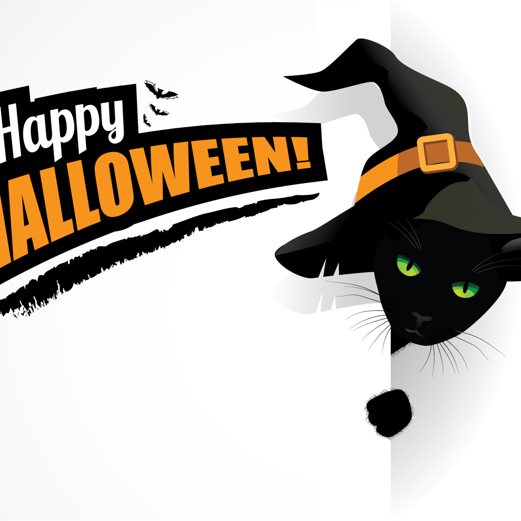 Черный кот в шляпе ведьмы с надписью на белом фоне