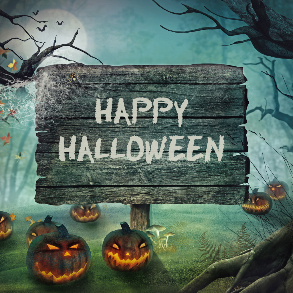 Табличка счастливого Хэллоуина в лесу 