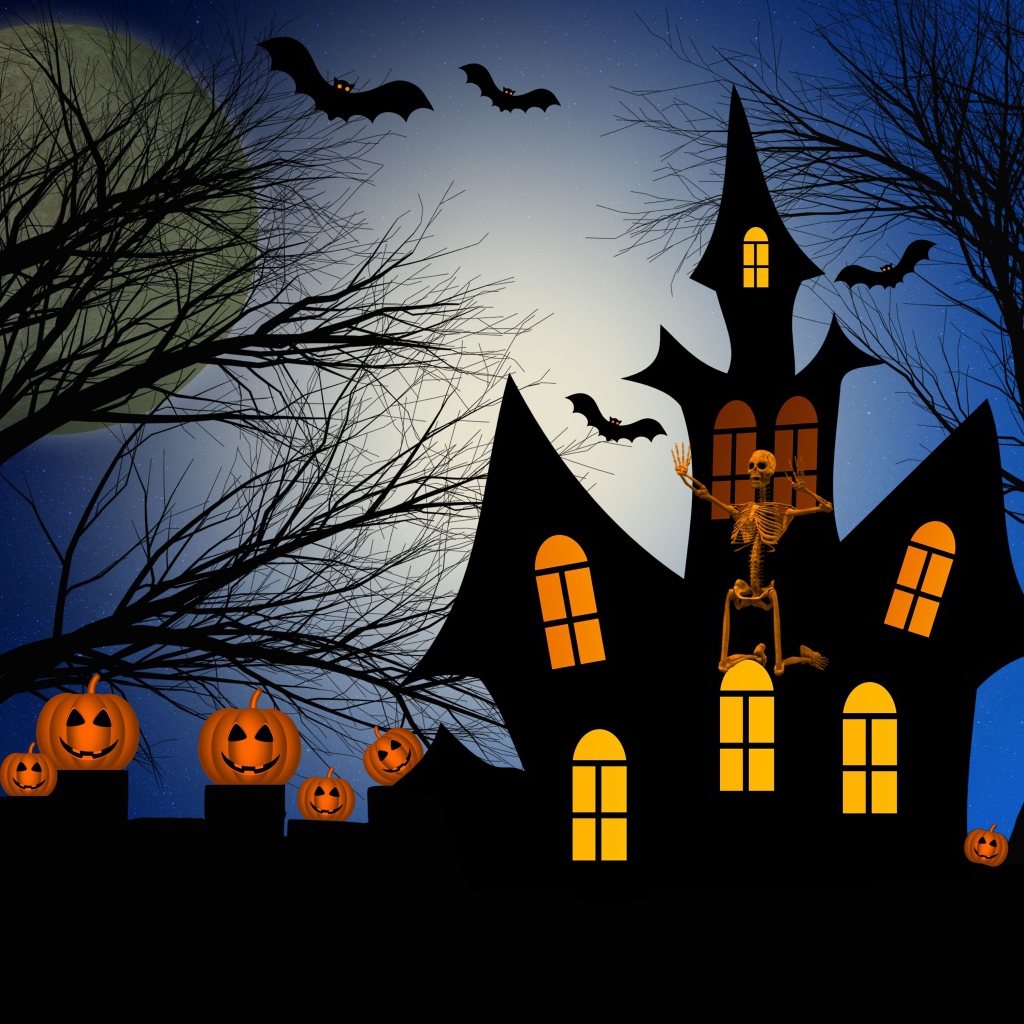 Зловещий замок со скелетом, тыквами и летучими мышами на фоне большой луны 