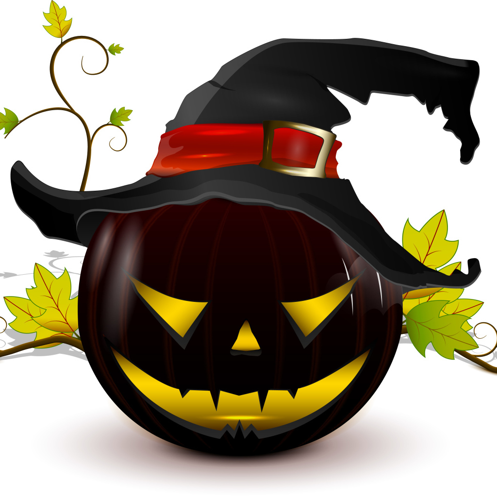 Тыква в колпаке ведьмы на белом фоне на Хэллоуин 