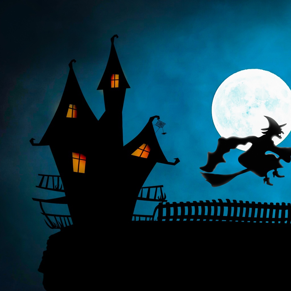 Ведьма на метле у черного замка на фоне луны 