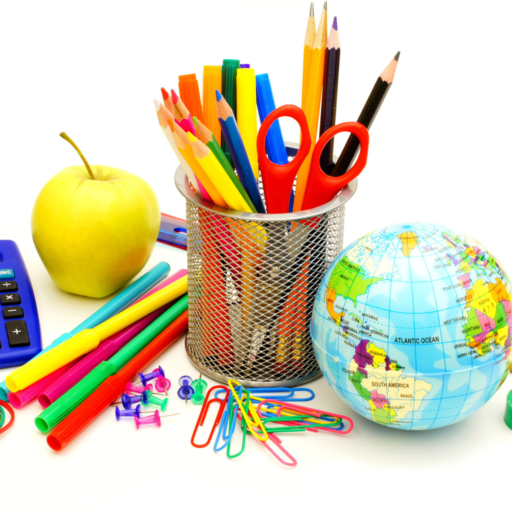 Stationery school supplies on a white background on Knowledge Day on September 1