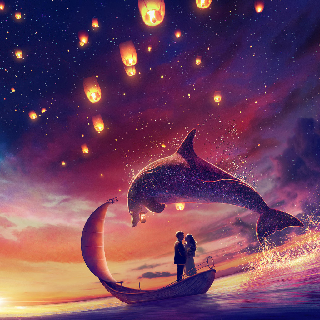 Влюбленная пара на лодке в воде с дельфинами