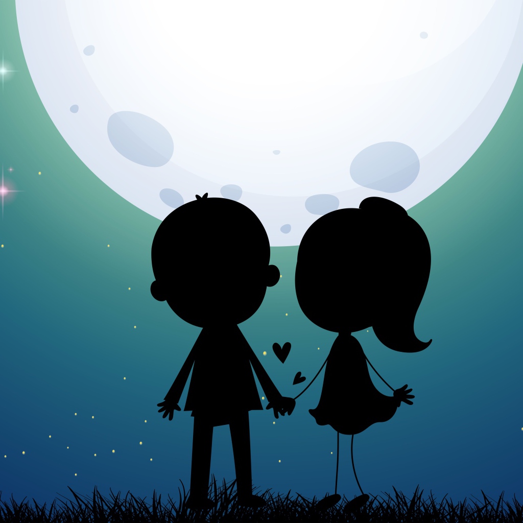 Drawn silhouette couple in love on the background of the moon