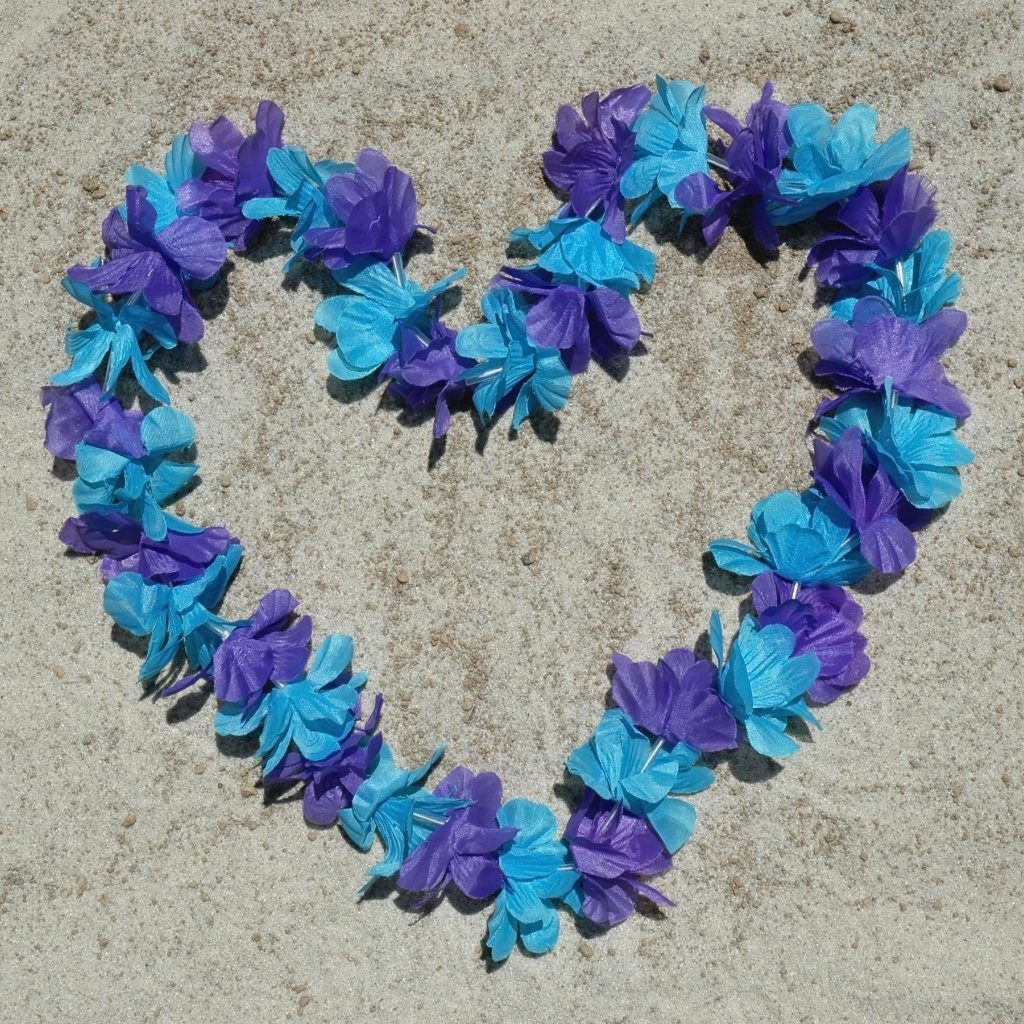 Сердце из цветов на песке на пляже