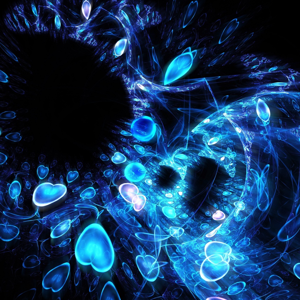 Узор из неоновых сердец на черном фоне, абстракция