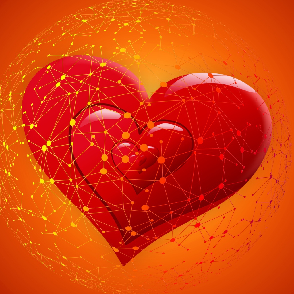 Красное сердце во всемирной паутине на оранжевом фоне