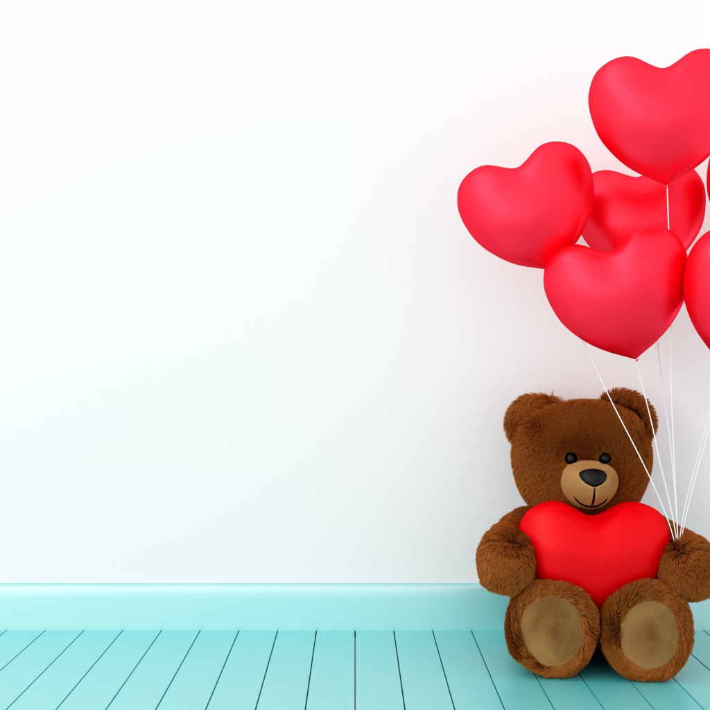 Плюшевый медведь с воздушными шарами в форме сердца