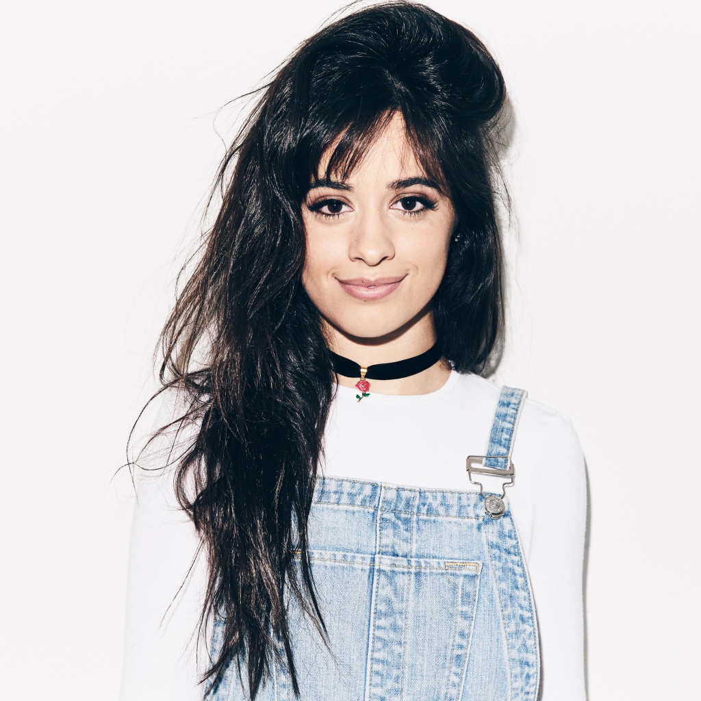 Красивая длинноволосая брюнетка, певица  Камила Кабельо на сером фоне