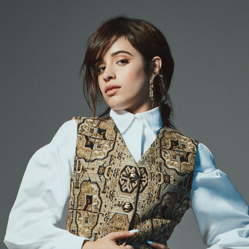 Красивая певица Камила Кабельо на сером фоне