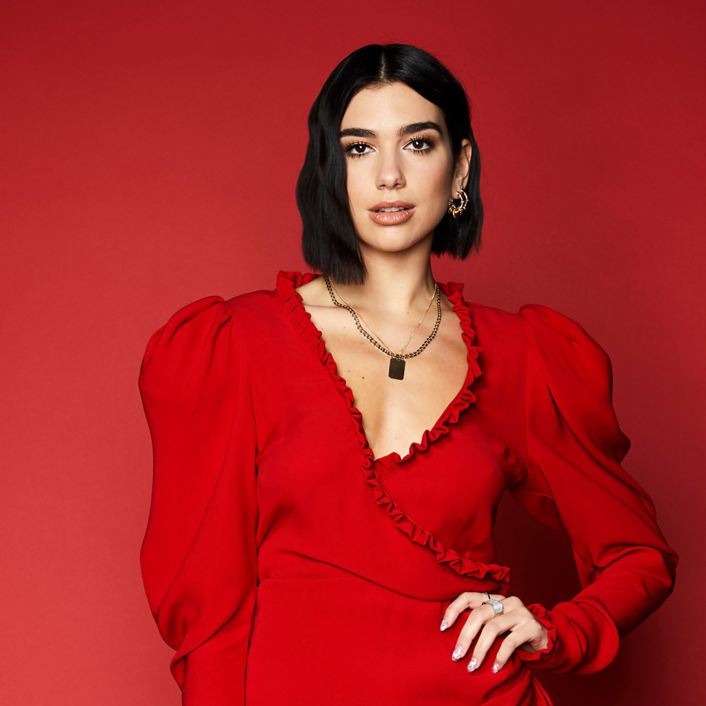 Стильная певица Дуа Липа в красном платье 