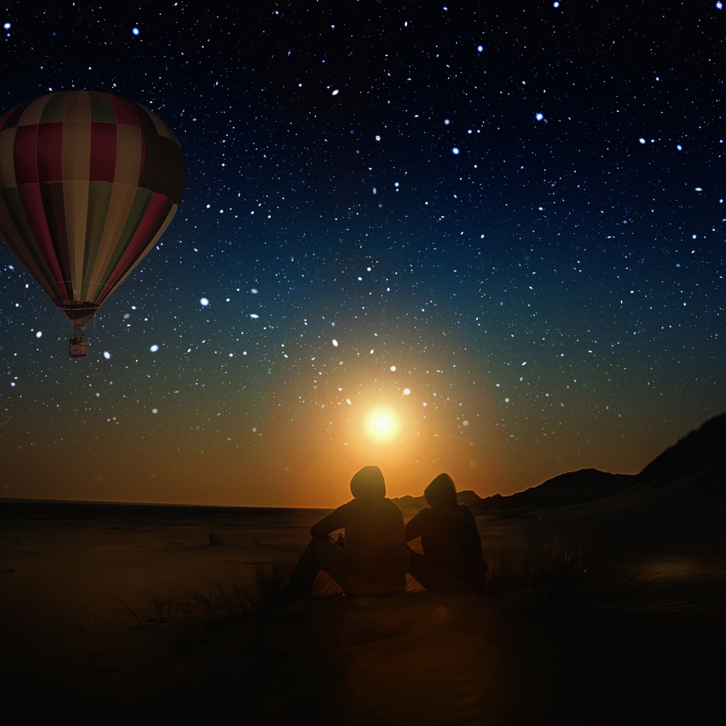 Balloon in the starry sky on the background of the moon