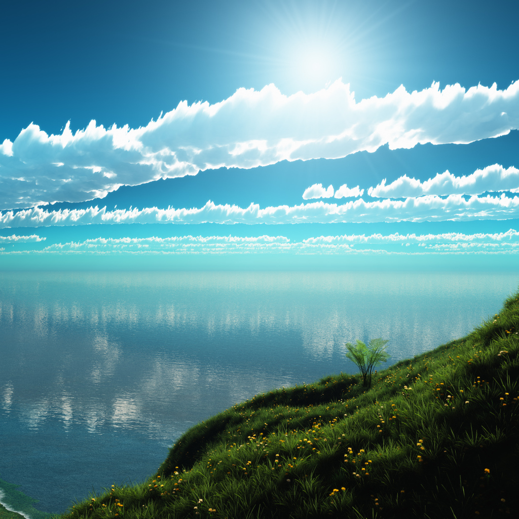 Красивые белые облака в солнечном небе над озером
