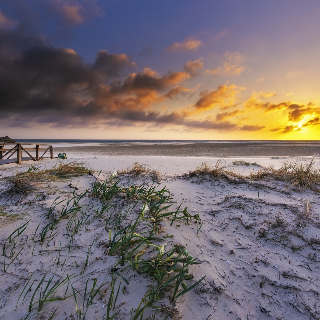 Белый песок в траве на берегу под красивым небом на закате