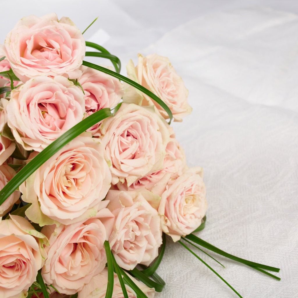 Букет розовых роз на белом покрывале 