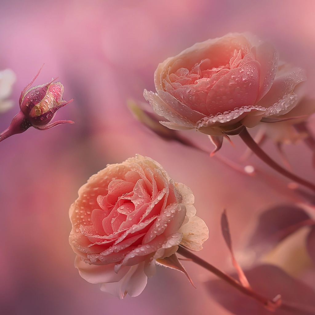 Красивые нежные розы с бутонами в каплях росы