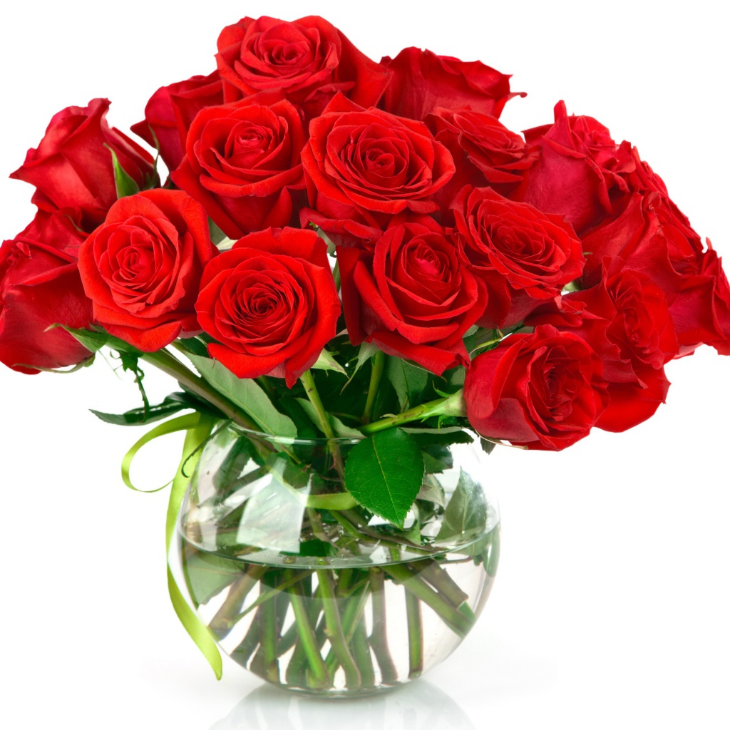 Букет красных роз в стеклянной вазе на белом фоне