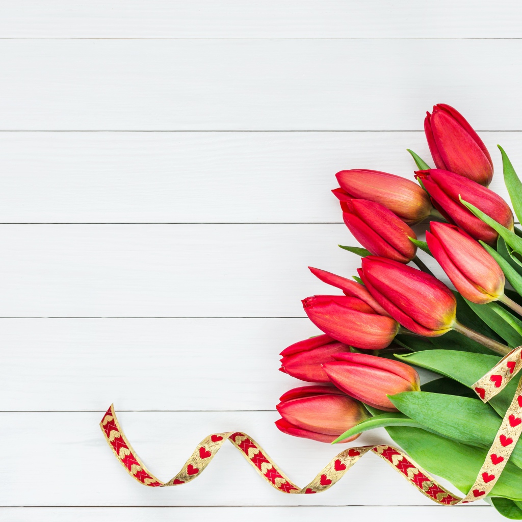 Букет красных тюльпанов с лентой на сером фоне