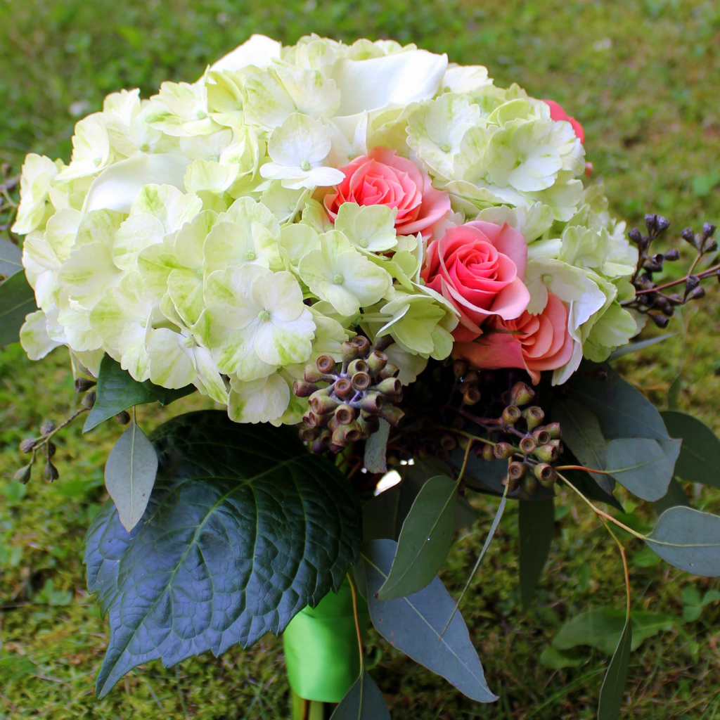 Букет с белыми цветами гортензии и розовыми розами