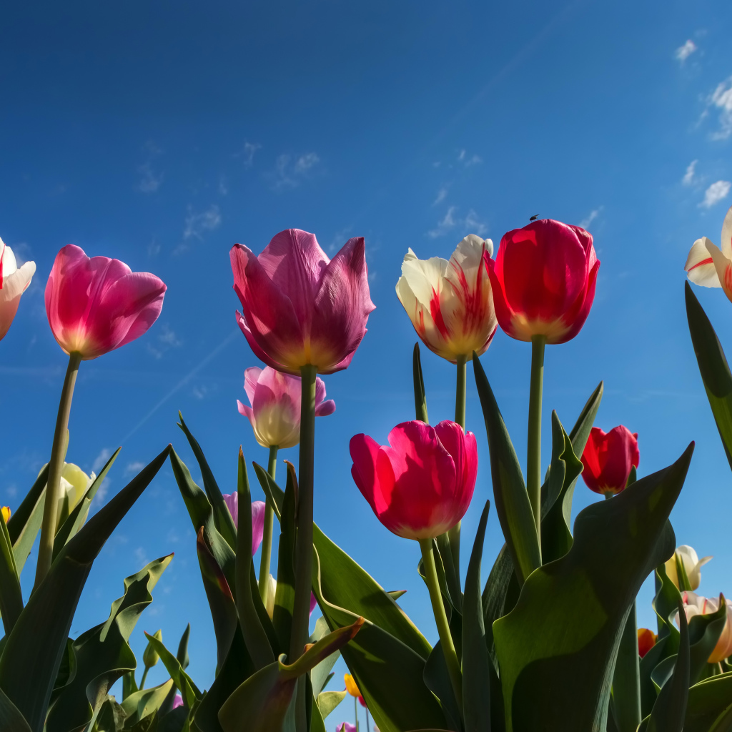 Разноцветные тюльпаны в лучах солнца под голубым небом