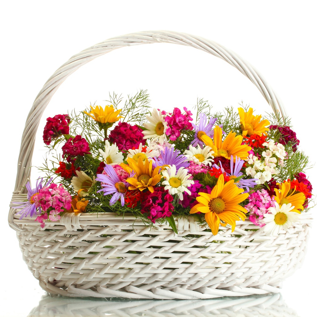 Белая плетеная корзина с цветами на белом фоне