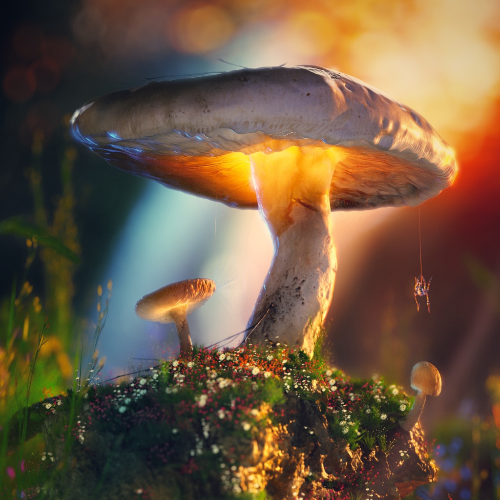 Паук висит на паутине на грибе