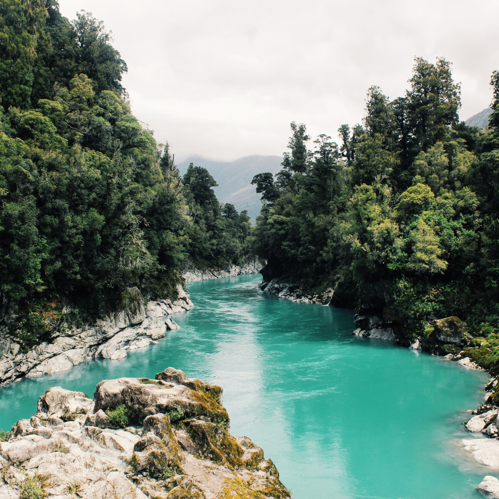 Голубая вода горной реки в лесу
