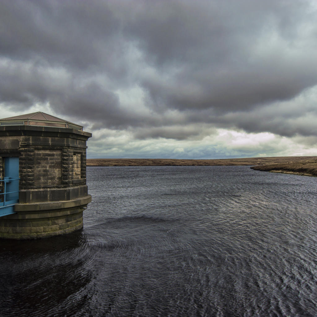 Башня в озере под пасмурным небом