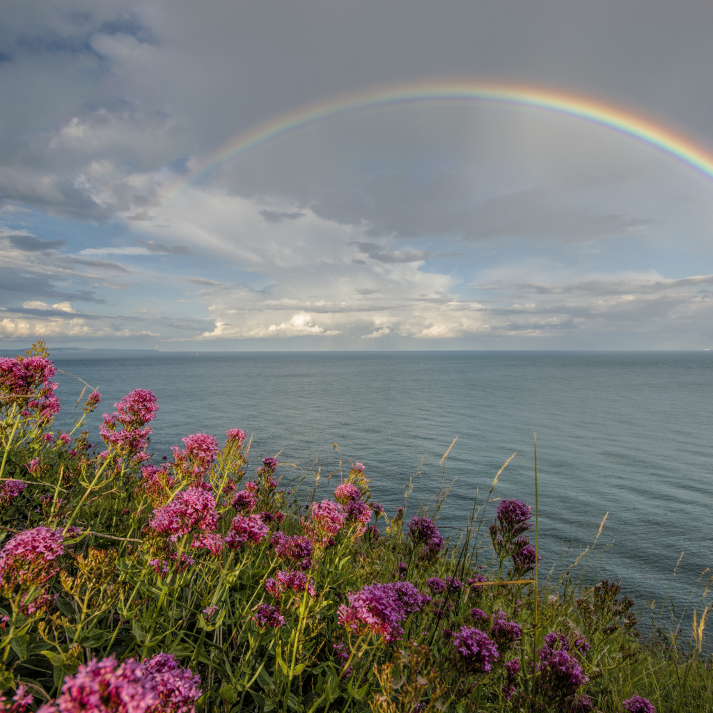 Радуга над морем в небе с облаками 