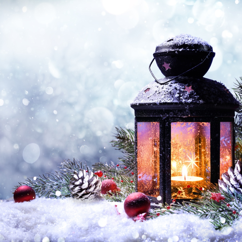 Красивый фонарь со свечой и елочной веткой, шаблон 