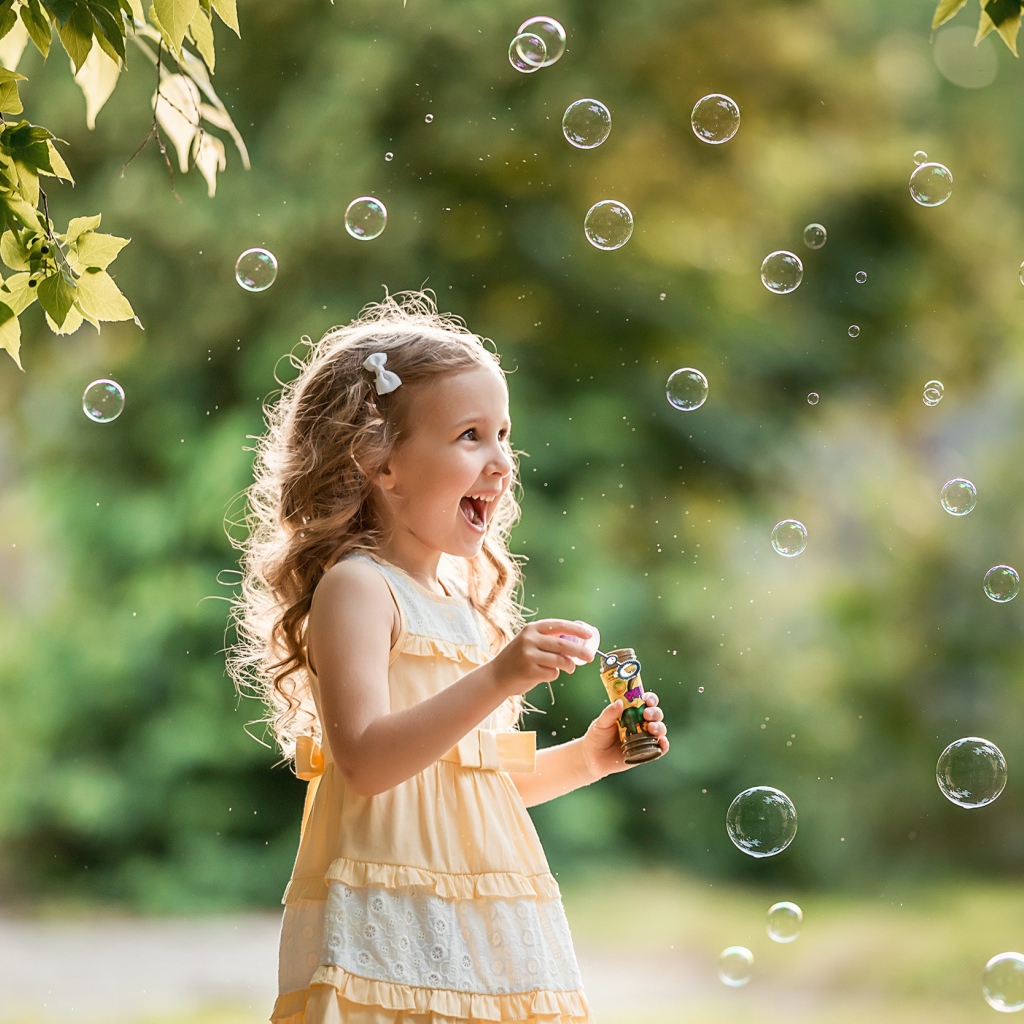 Веселая девочка с мыльными пузырями