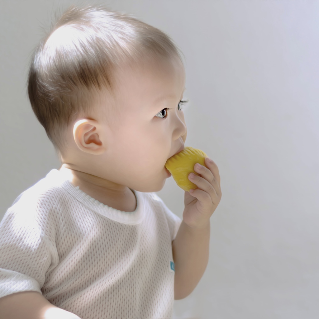 Маленький ребенок грызет игрушку на сером фоне