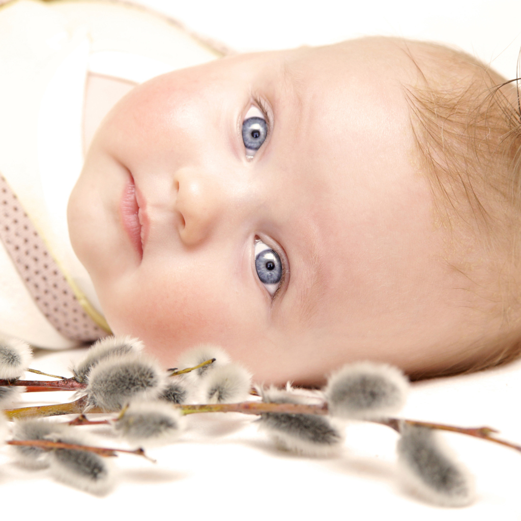 Маленький голубоглазый ребенок с веткой вербы