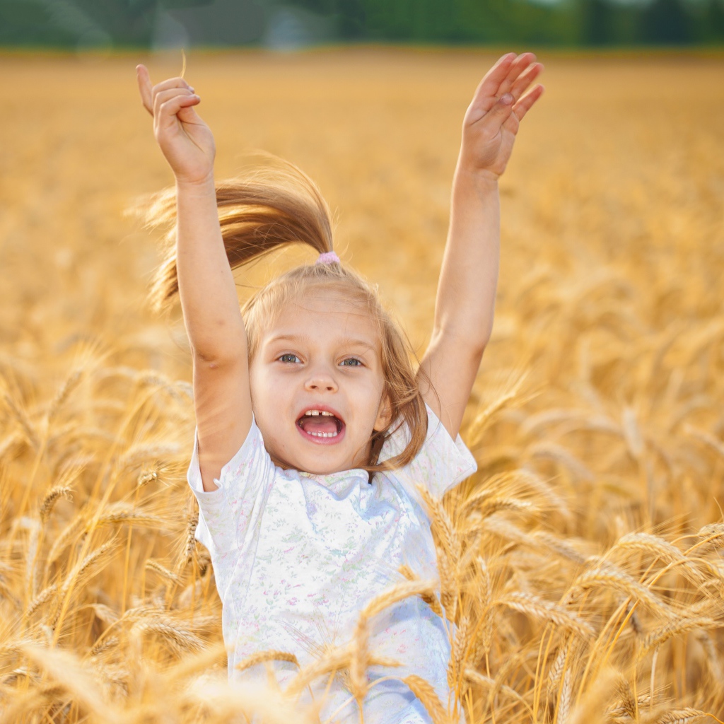 Маленькая веселая девочка в желтой пшенице