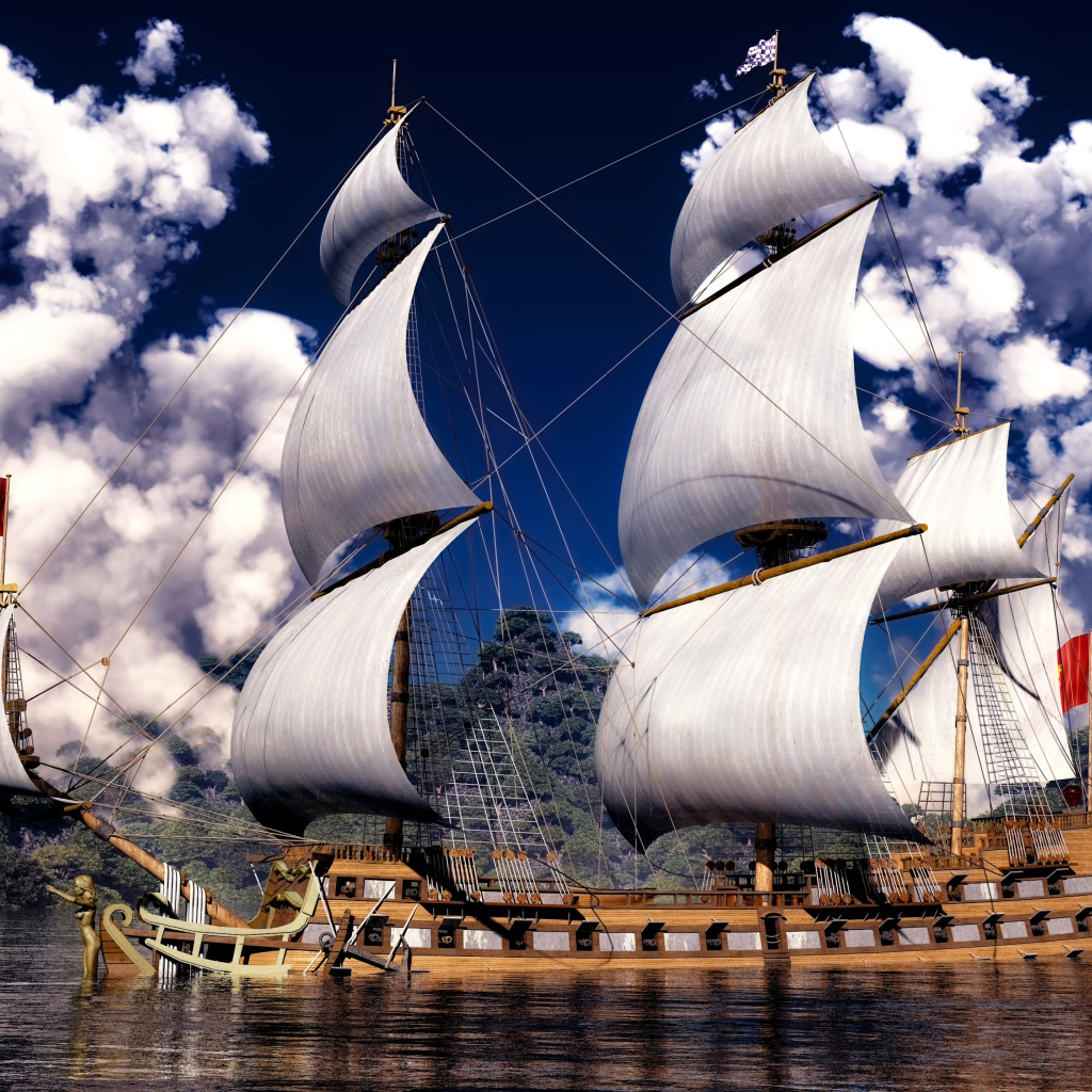 Beautiful sailing ship on the background of white clouds