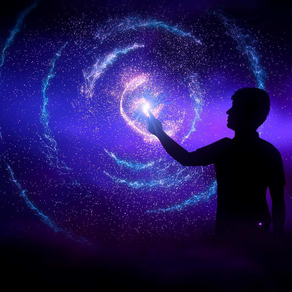 Мужчина прикасается в звездной галактике