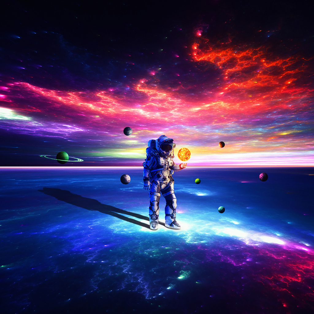 Астронавт на поверхности земли с планетами