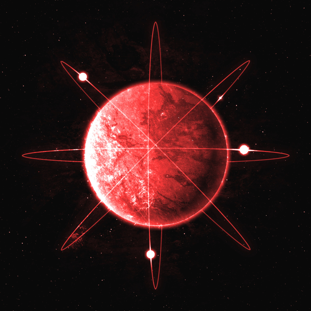 Красная планета с кольцами на фоне черного неба