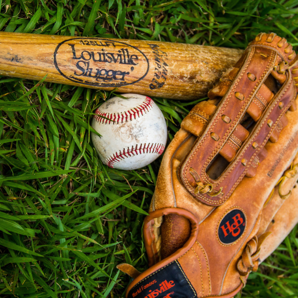 Бейсбольная бита, перчатка и мяч лежат на зеленой траве