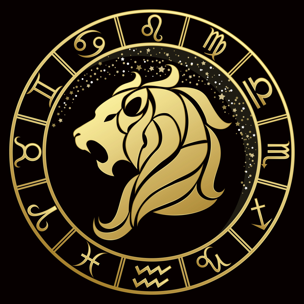 Золотой знак  зодиака лев на черном фоне