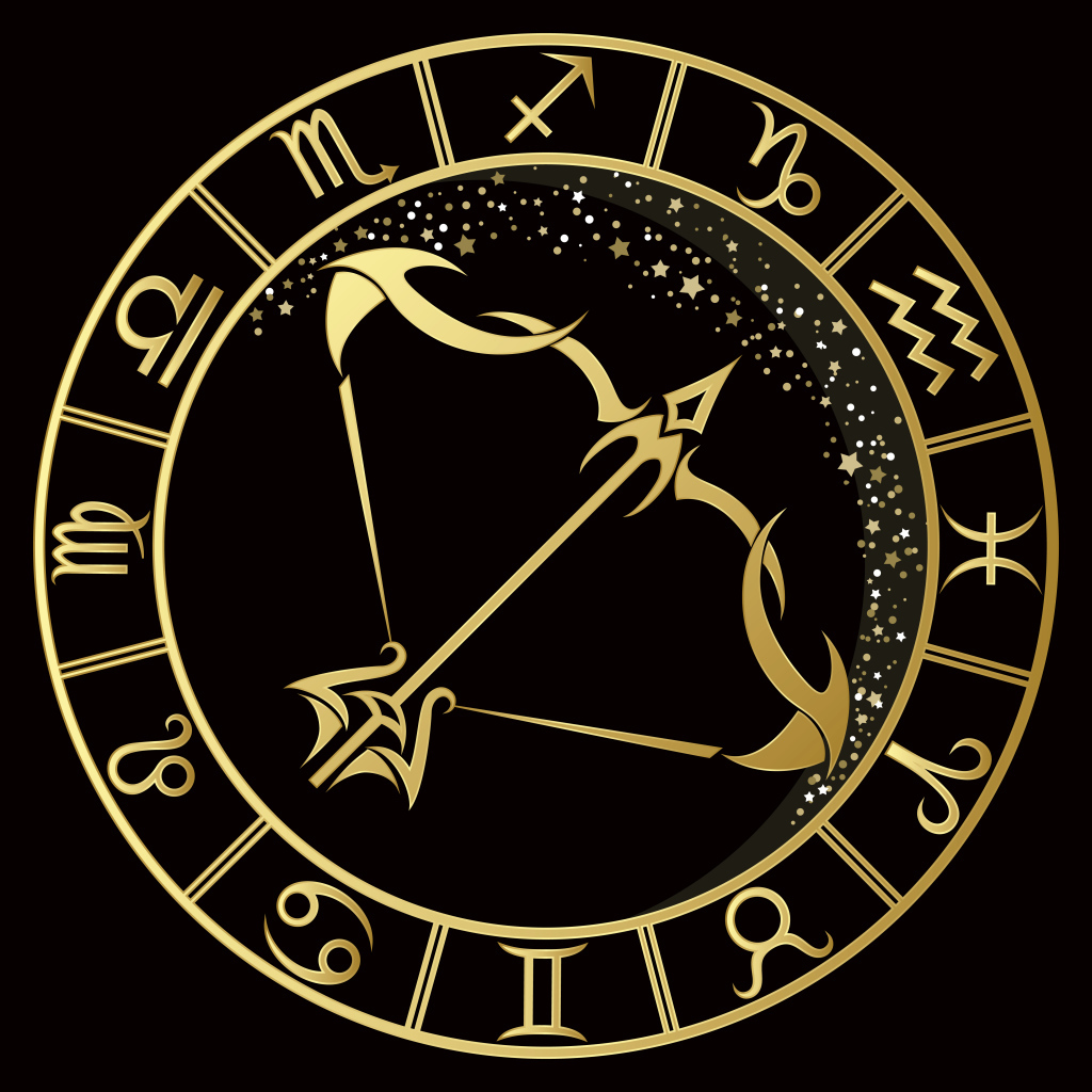 Золотой знак зодиака стрелец на черном фоне