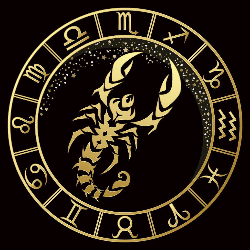 Золотой знак зодиака скорпион на черном фоне