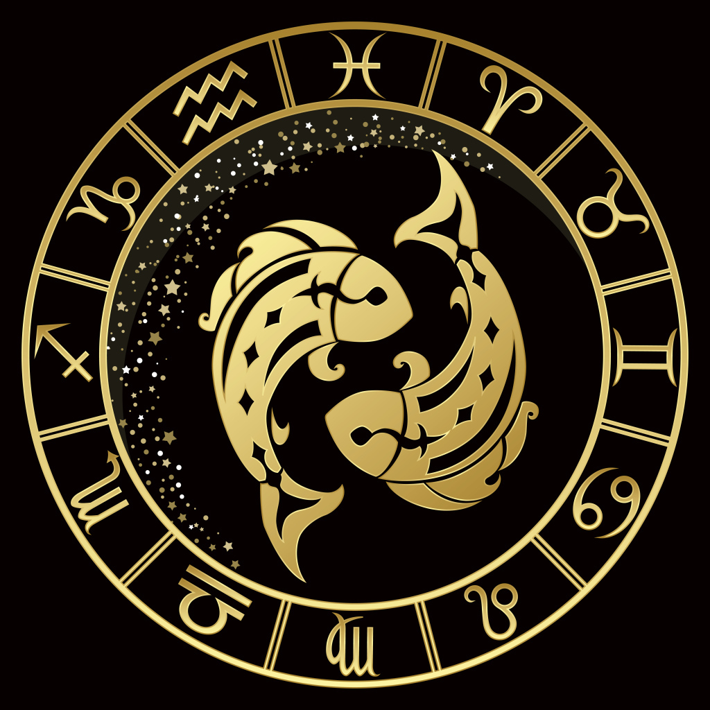 Золотой знак зодиака рыбы на черном фоне