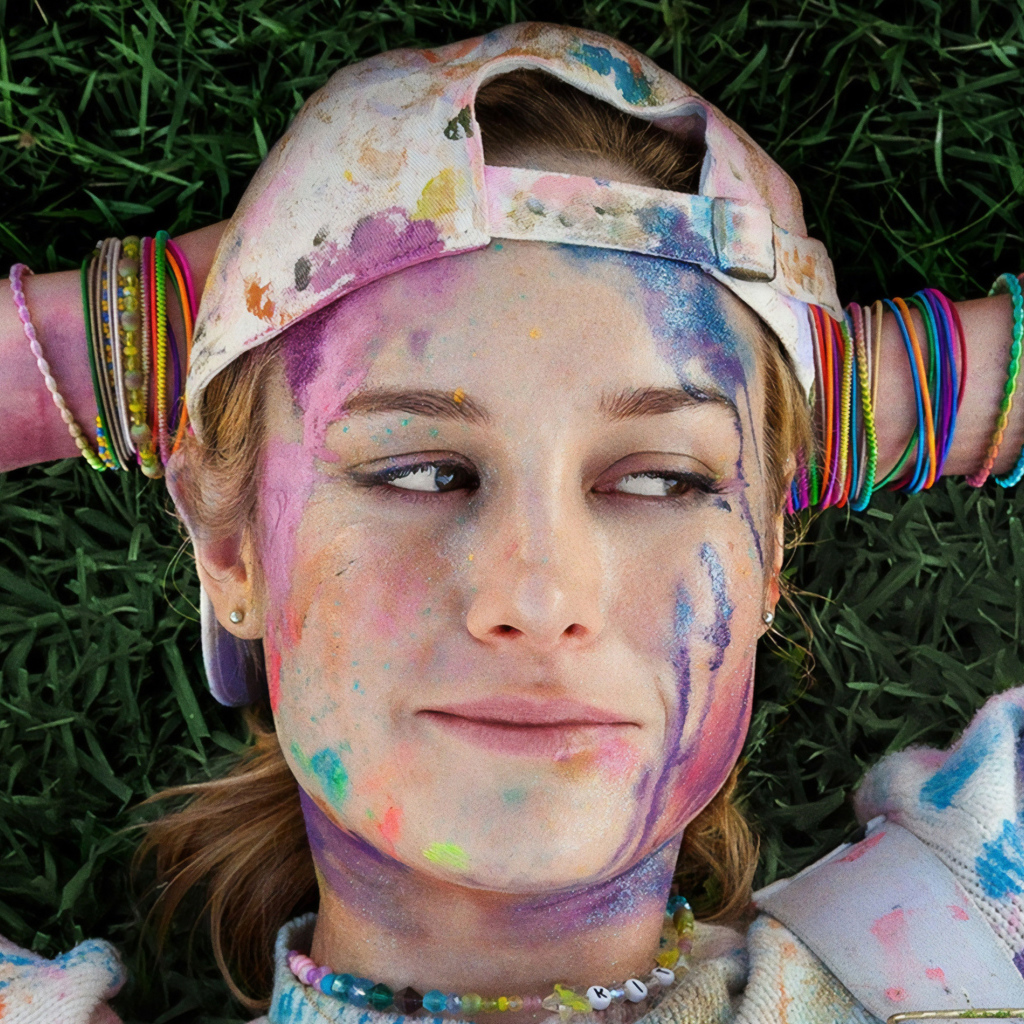 Актриса Бри Ларсон с лицом в краске лежит на траве