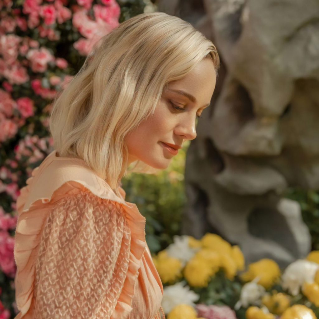 Красивая блондинка, актриса Бри Ларсон у цветов