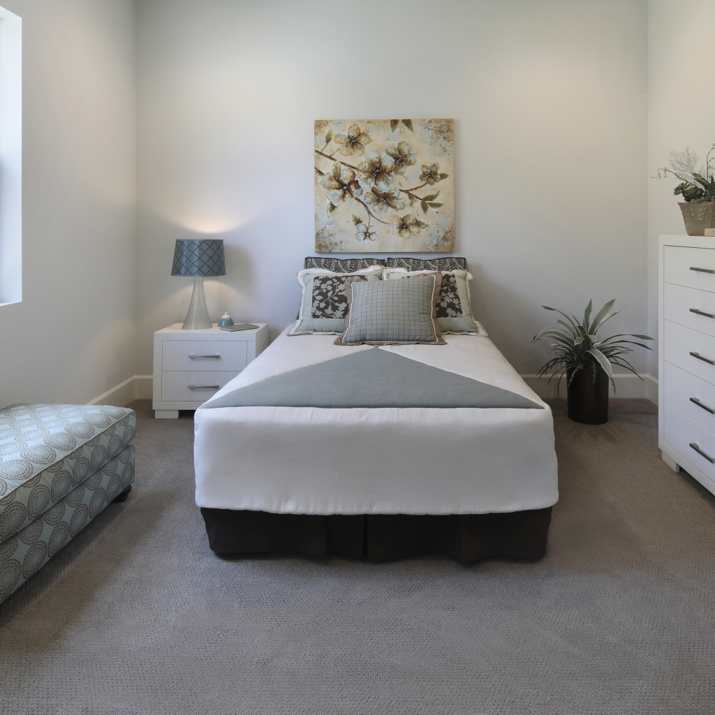 Спальная комната с кроватью и мягкой лежанкой у окна 