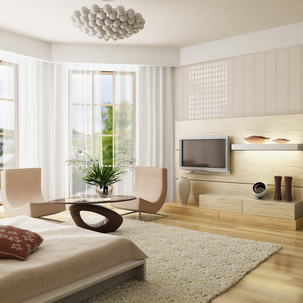 Спальня с журнальным столиком, телевизором и большими окнами